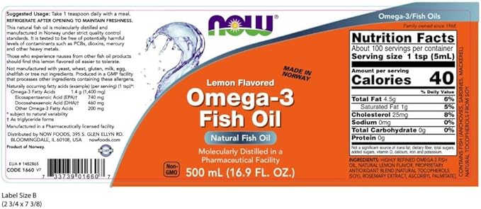 NOW Supplements, Omega-3 Fish Oil Liquid, Molecularly Distilled, Lemon Flavored, 16.9-Ounce