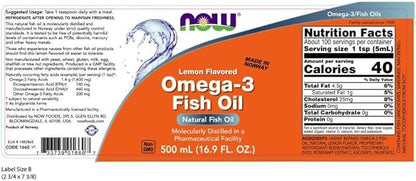 NOW Supplements, Omega-3 Fish Oil Liquid, Molecularly Distilled, Lemon Flavored, 16.9-Ounce