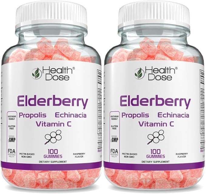 Elderberry Sambucus Gummy Vitamins Kids 100 Gummies. with Propolis Extract, Echinacea, Vitamin C, Yummy Raspberry Flavor, Vegan, Gluten-Free, Defense, Immune Support Booster. Pack of 2