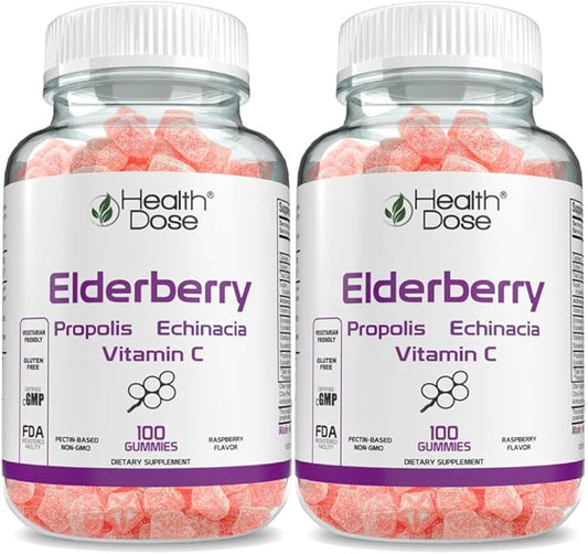 Elderberry Sambucus Gummy Vitamins Kids 100 Gummies. with Propolis Extract, Echinacea, Vitamin C, Yummy Raspberry Flavor, Vegan, Gluten-Free, Defense, Immune Support Booster. Pack of 2