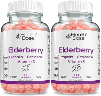 Elderberry Sambucus Gummy Vitamins Kids 100 Gummies. with Propolis Extract, Echinacea, Vitamin C, Yummy Raspberry Flavor, Vegan, Gluten-Free, Defense, Immune Support Booster. Pack of 2