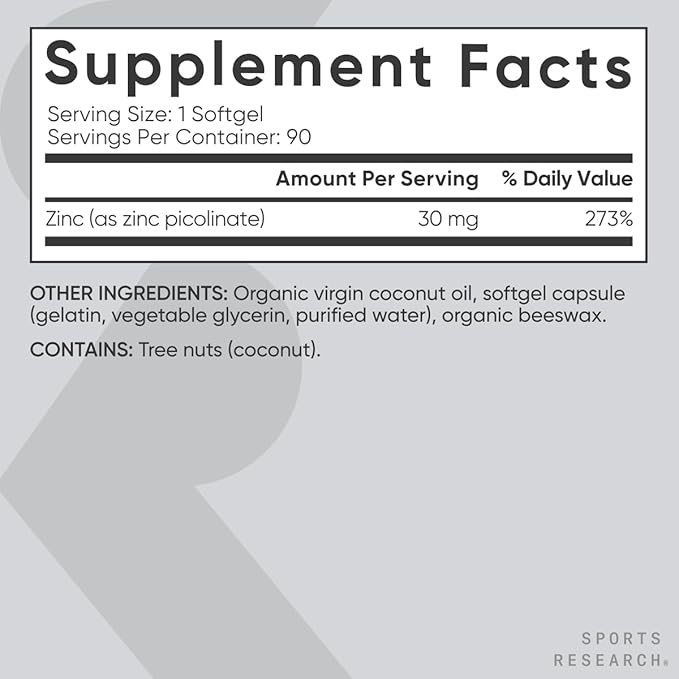 Sports Research High Potency Zinc Picolinate 30mg with Organic Coconut Oil | Highly Absorbable Zinc Supplement for Healthy Immune & Enzyme Function - Non-GMO Tested & Gluten-Free (90 Liquid Softgels)