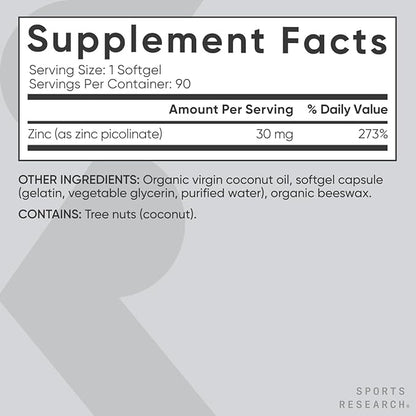 Sports Research High Potency Zinc Picolinate 30mg with Organic Coconut Oil | Highly Absorbable Zinc Supplement for Healthy Immune & Enzyme Function - Non-GMO Tested & Gluten-Free (90 Liquid Softgels)