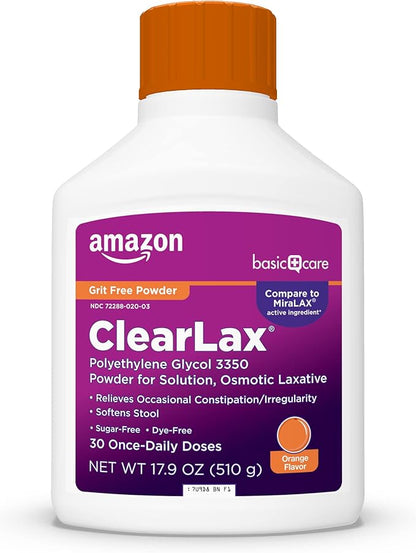 Amazon Basic Care ClearLax Polyethylene Glycol 3350 Powder for Solution, Orange Flavor, Osmotic Laxative, Stool Softener, Relieves Occasional Constipation, 1.11 pound (Pack of 1)
