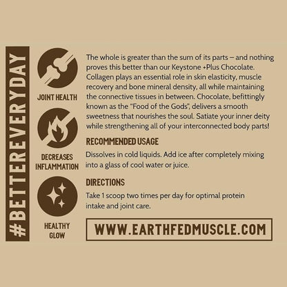 Earth Fed Muscle Keystone Plus Chocolate Collagen - Hair, Skin, Joints, 30 Servings