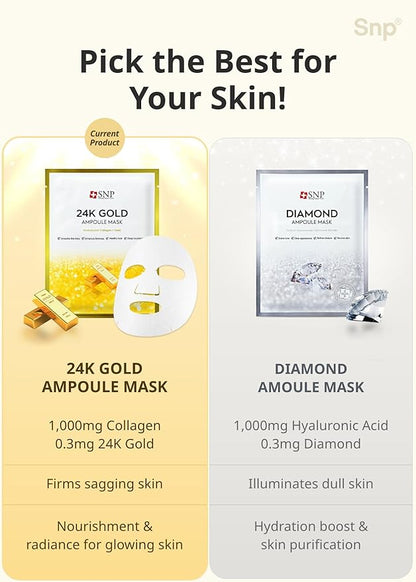 [K Beauty] 24K Gold Ampoule Sheet Mask | Collagen Face Masks Skincare | For Tightening, Hydrating, and Nourishing | Korean Skin Care | Overnight Face Masks | Moisturizing Sheet Mask | 10 Sheets