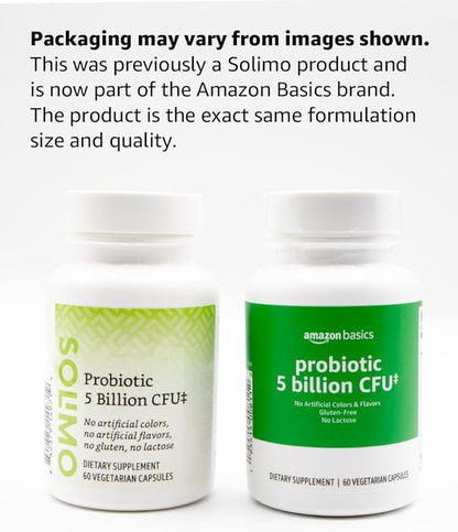 Amazon Basics - Probiotic, 5 Billion CFU, 8 Probiotic strains with 60 mg Prebiotic Blend, 60 Count Vegetarian Capsules, 2 Month Supply, Supports Healthy Digestion (Previously Solimo)
