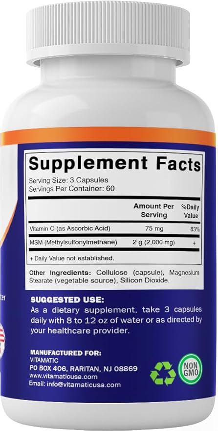 Vitamatic MSM 2000 mg with Vitamin C 75mg per Serving - 180 Veg Capsules - Vitamin C Aid in Better absopriton of MSM (Methylsulfonylmethane) - Non-GMO & Gluten Free