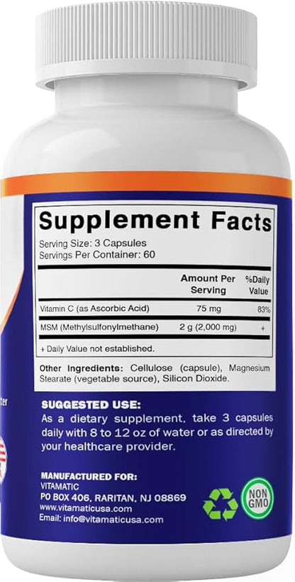 Vitamatic MSM 2000 mg with Vitamin C 75mg per Serving - 180 Veg Capsules - Vitamin C Aid in Better absopriton of MSM (Methylsulfonylmethane) - Non-GMO & Gluten Free