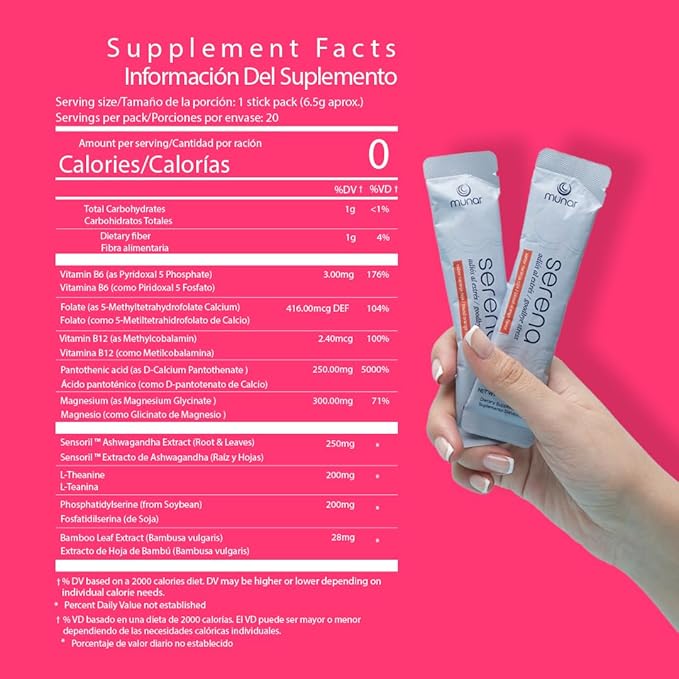 Munar Serena Magnesium Drink Mix, Blood Orange, Magnesium Glycinate and Ashwagandha Supplement, L Theanine – Calm Support, Stress Relief, Mood Boost, and Sleep Aid – 20 On-The-Go Stick Packs