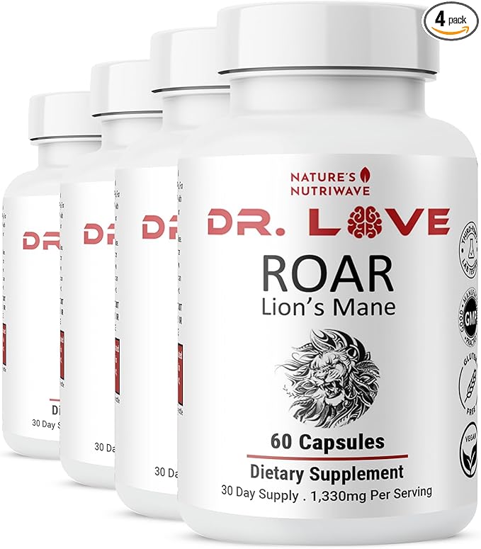 Dr. Love Roar Lion’s Mane Mushroom Supplement – Plant-Based Formula with Cordyceps, Reishi & Shiitake – Vegan, Gluten-Free, GMP Certified, Made in USA – 60 Capsules, 4 Month Supply