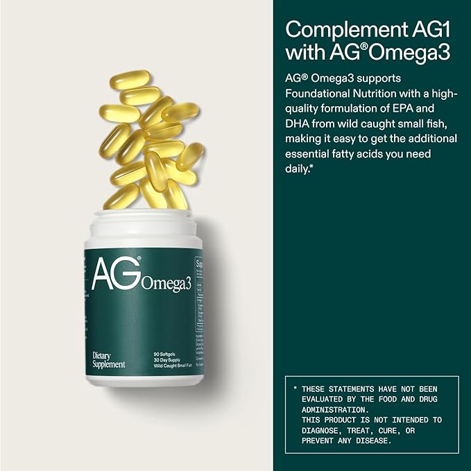 AG1 Omega 3 Fish Oil Softgels – 2000mg EPA & DHA from Wild-Caught Fish | 90 Capsules | Athletic Greens Supplement