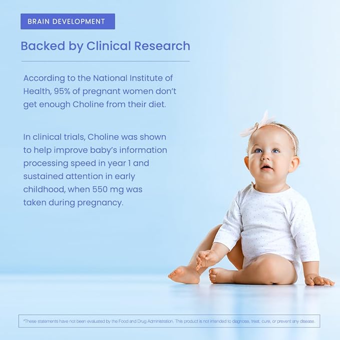 Choline Supplements 550mg | Supports Baby’s Brain Development & Cognitive Function During Pregnancy & Metabolism | Ultra Pure Natal VitaCholine®, Prenatal Choline Bitartrate | 120 Vegan Capsules