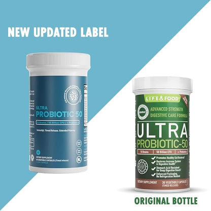 Prebiotics & Probiotics 50 Billion CFU for Women & Men - Time-Release Bifidobacterium Lactobacilli Probiotics for Digestive Health, Bloating Relief, USA-Made, Kosher Live Probiotics with Sunfibre FOS