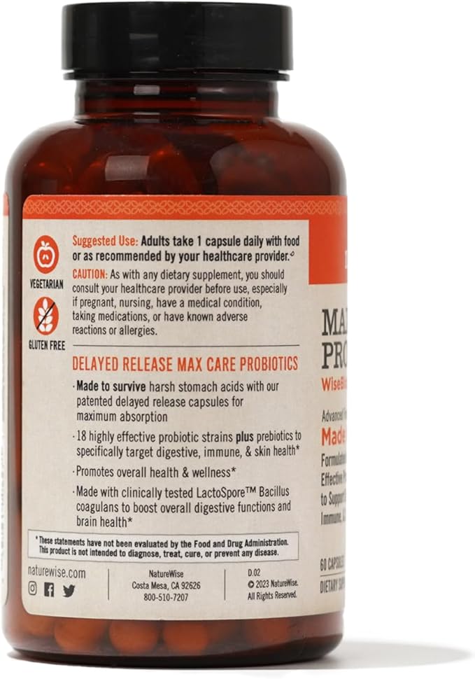 NatureWise Max Probiotics for Women & Men - 30 Billion CFU 18 Strains With Prebiotics - For Gut & Digestive Health - Delayed-Release Capsules, Gluten Free - 60 Capsules[2-Month Supply]