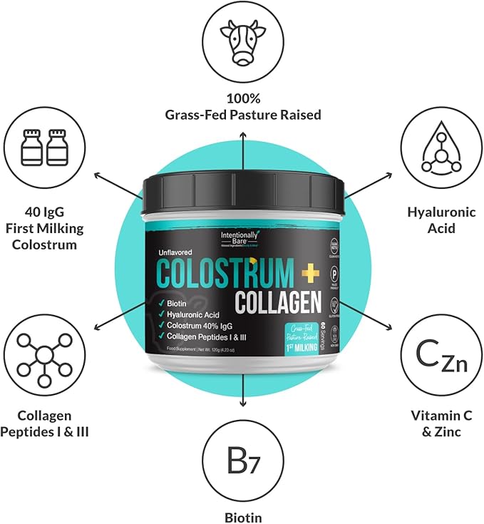 Intentionally Bare Colostrum and Collagen Powder - Colostrum Supplement with Biotin and Collagen Peptides - Colostrum Powder for Skin, Joint & Gut Health - Unflavored Collagen Supplements 60 Servings