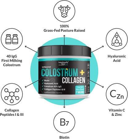 Intentionally Bare Colostrum and Collagen Powder - Colostrum Supplement with Biotin and Collagen Peptides - Colostrum Powder for Skin, Joint & Gut Health - Unflavored Collagen Supplements 60 Servings