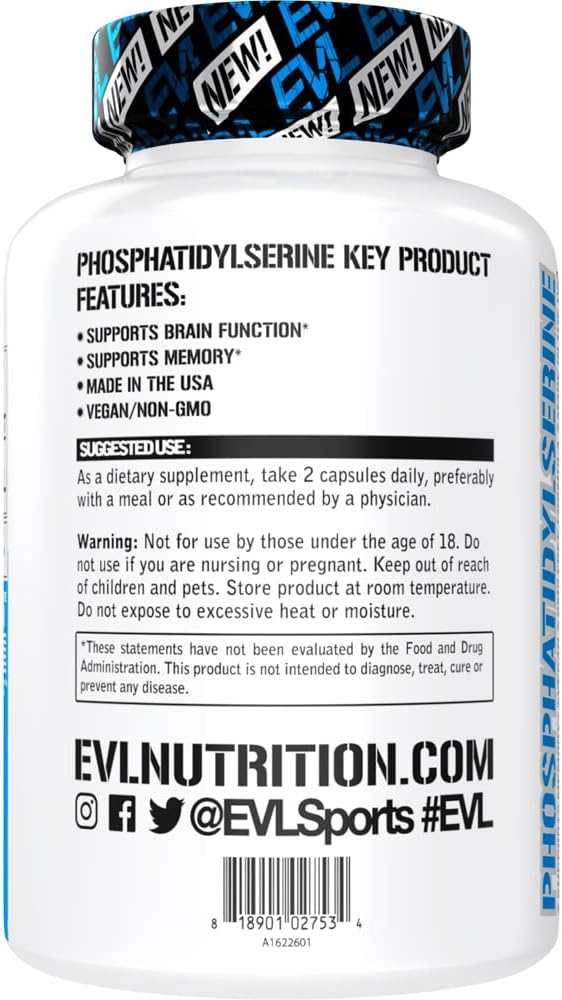 Evlution PhosphatidylSerine Nootropics Brain Support Supplement - Advanced Anti Aging Brain Health Supplement for Adults - Memory and Focus with Phosphatidylserine 300mg - EVL Vegan Non-GMO