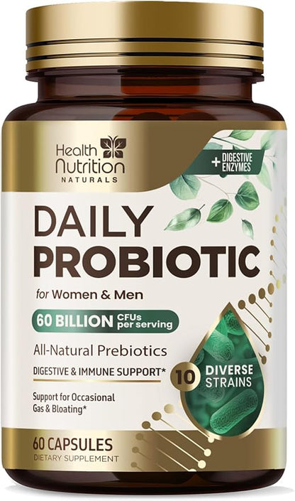 Probiotics 60 Billion CFU + 10 Strains - Daily Probiotic for Immune, Digestive & Gut Support, Prebiotics and Probiotics Supports Occasional Constipation, Gas & Bloating for Women & Men - 60 Capsules