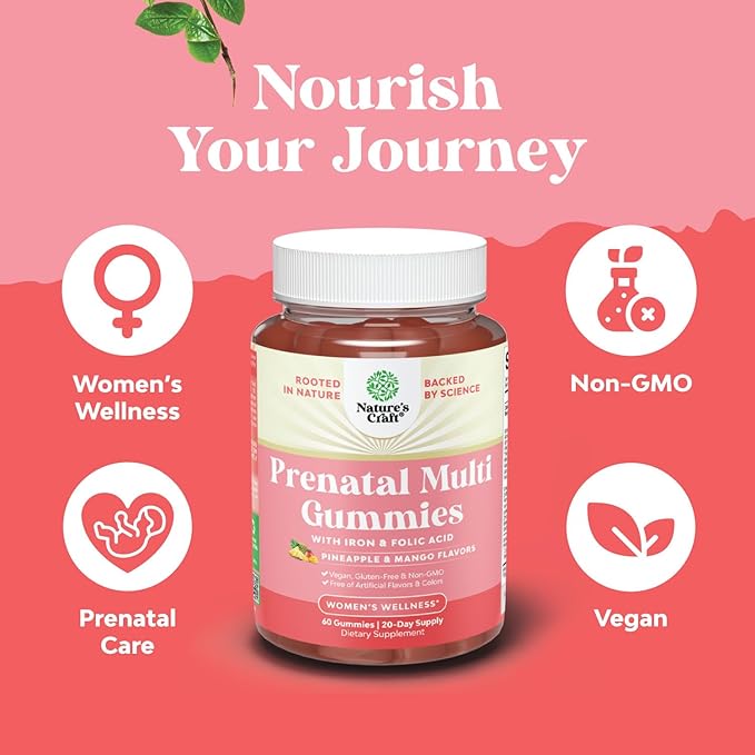 Natures Craft Vegan Prenatal Gummies for Women - Gummy Prenatal Vitamins for Women with Iron Folic Acid and Superfruit Blend - Chewable Vitamins Gummy Formula (Pineapple Mango) Trial Size