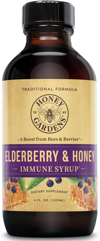 Honey Gardens Elderberry Syrup with Grade A Raw Honey, Propolis, Organic ACV & Elderberries | Traditional Immune Formula w/Echinacea | Made in The USA (4oz)
