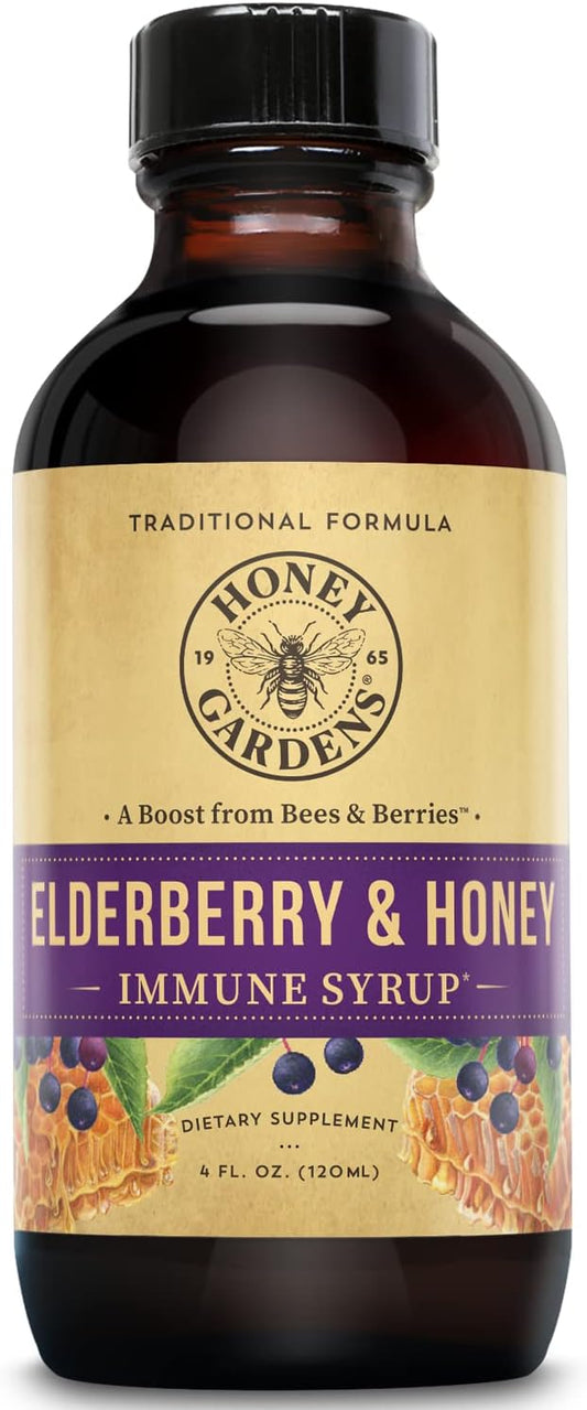 Honey Gardens Elderberry Syrup with Grade A Raw Honey, Propolis, Organic ACV & Elderberries | Traditional Immune Formula w/Echinacea | Made in The USA (4oz)