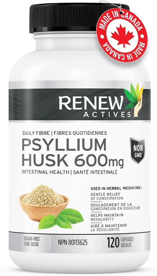 Renew Actives Psyllium Husk 1200MG per 2 Capsules – Bulk-Forming Laxative & Soluble Fiber for Digestive Health, Regularity & Adult Wellness – Pure Ingredients – Made in Canada – 120 Capsules