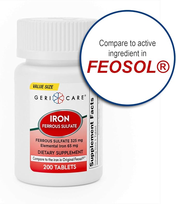 GeriCare Ferrous Sulfate Tablets 325mg, Elemental Iron 65 mg High Potency Iron Supplement | Dietary Supplement 200 Count. (Pack of 1)