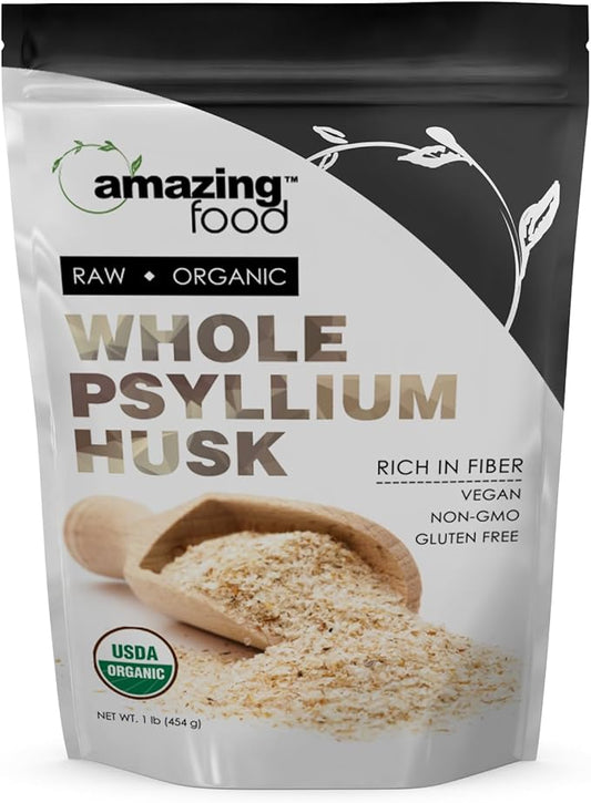 Amazing Food Whole Psyllium Husk | 1 Lb | USDA Organic Certified | Vegan | Non-GMO | Gluten Free | Made in USA