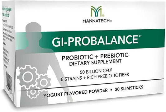 Mannatech Prebiotics and Probiotics, 30 Slimsticks, Yogurt Flavor, GI-ProBalance w/MannaBiotic Blend, Pre and Probiotics Powder for Gut Health, w/ 8 Strains, Rich Prebiotic Fiber & 50 Billion CFU