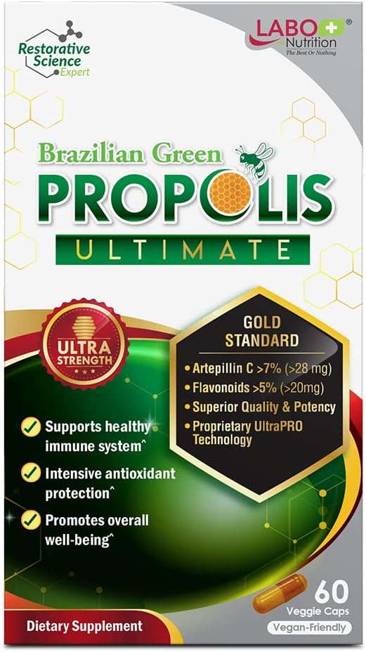 LABO Nutrition Brazilian Green Propolis Ultimate - Contains >7% or 28mg per Serving Artepillin C & >5% Flavonoids, for Immune & Brain Support, Natural, High Concentrate & Premium, 60 Veg Capsules