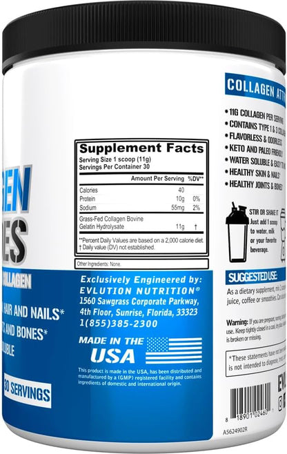 Evlution Nutrition Collagen Peptides Powder, Premium Hydrolyzed Collagen to Support Healthy Skin, Hair, Bones, Joints, Nails & More (30 Servings)