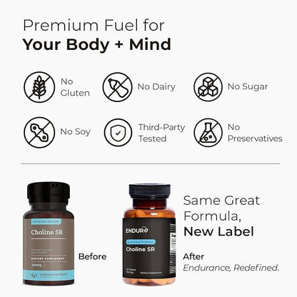 Choline Bitartrate Sustained Release - 300mg 60 Tablet - Promotes Brain Health, Mental Focus & Memory - Prenatal Supplement for Development & Growth - 100% Vegan & Non-GMO Co.
