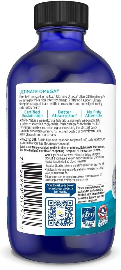 Nordic Naturals Ultimate Omega Liquid, Lemon Flavor - 4 oz - 2840 mg Omega-3 - High-Potency Omega-3 Fish Oil Supplement with EPA & DHA - Promotes Brain & Heart Health - Non-GMO - 24 Servings