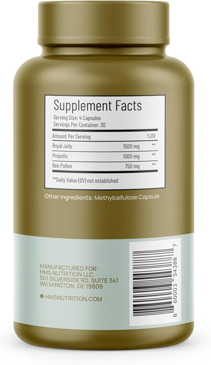 Premium Bee Pollen Daily Dietary Supplement - Includes Propolis & Royal Jelly - 3250mg Non-GMO, 120 Vegetarian Capsules - 30 Day Supply