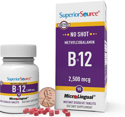 Superior Source No Shot Methylcobalamin B-12 2500 mcg - Vitamin B-12 to Support Energy Production, Brain Health & Overall Wellness - Sublingual Tablets for Quick Absorption - 90 Dissolving Tablets