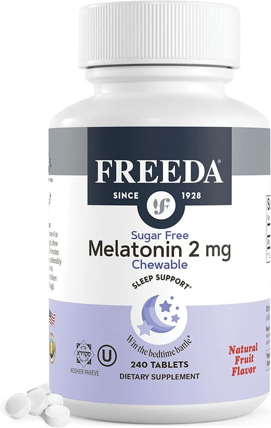 FREEDA Melatonin 2mg Sugar-Free Chewables – Natural Sleep Aid for Adults & Kids – Vegan, Kosher, Gluten-Free, Non-GMO, Easy Bedtime Support – 240 Tablets