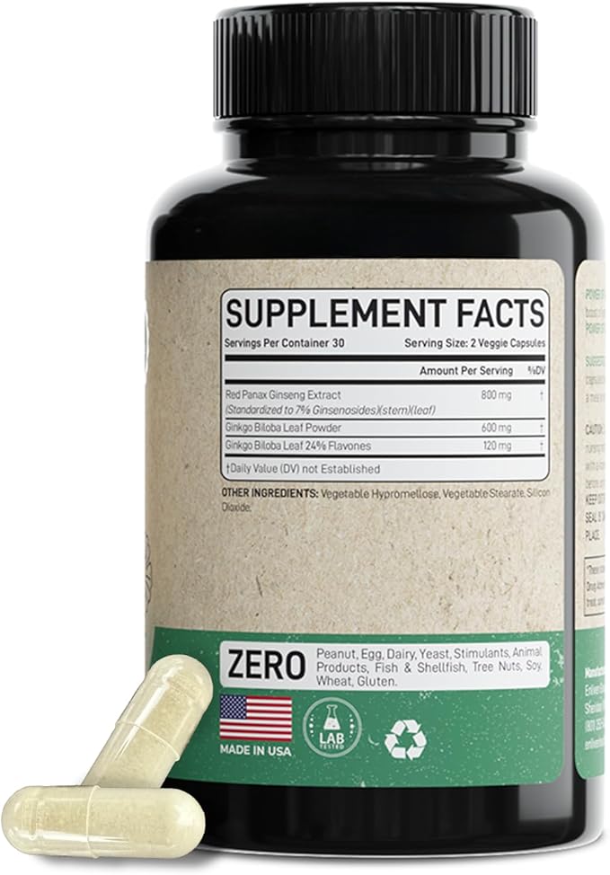 enliven Panax Ginseng & Ginkgo Biloba Supplement | Korean Ginseng Capsules for Immune Support & Stress Relief | 60 Count | Made in USA