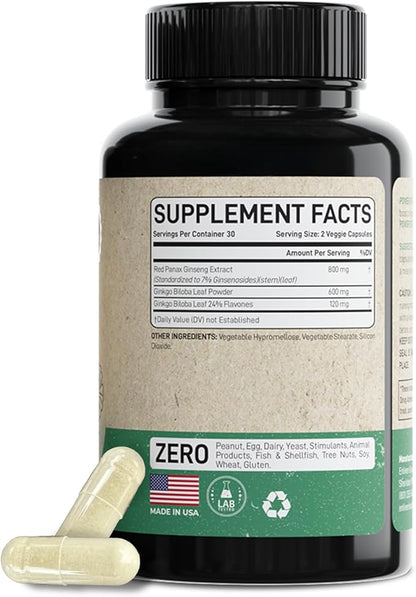enliven Panax Ginseng & Ginkgo Biloba Supplement | Korean Ginseng Capsules for Immune Support & Stress Relief | 60 Count | Made in USA