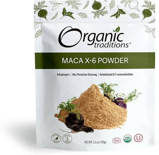Organic Traditions Maca X-6 Black and Red Powder, Organic Maca Root Powder Organic Maca Powder, Energizing Superfood for Men and for Women, 150g/5.3oz