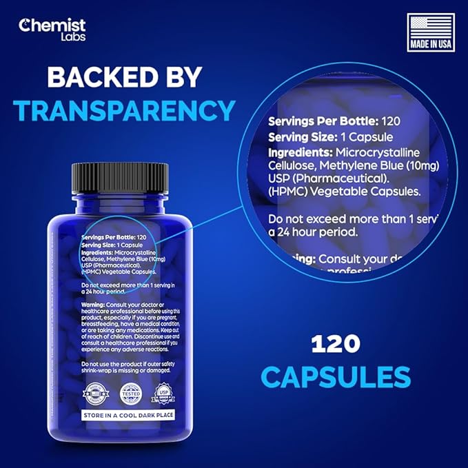 Methylene Blue | 10mg USP Grade Capsules | 120 Count | Pharmaceutical Grade | Cellular & Mitochondrial Support | Formaldehyde Free | Made in USA (120 Capsules)