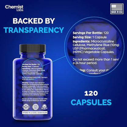 Methylene Blue | 10mg USP Grade Capsules | 120 Count | Pharmaceutical Grade | Cellular & Mitochondrial Support | Formaldehyde Free | Made in USA (120 Capsules)