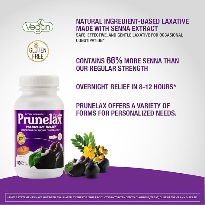Prunelax Ciruelax Maximum Relief Laxative Tablets with Natural Senna for Occasional Constipation, Senna Extract, Vegan & Gluten-Free, Gentle Overnight Relief - 100ct