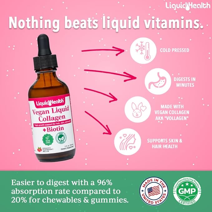 LIQUIDHEALTH 100% Vegan Collagen Plus Biotin 100,000mcg Liquid Drops - Plant-Based Liquid Collagen for Women & Men - Hair & Nail Growth, Skin Health, Boosts Metabolism - Made in USA, Non-GMO (2 Pack)