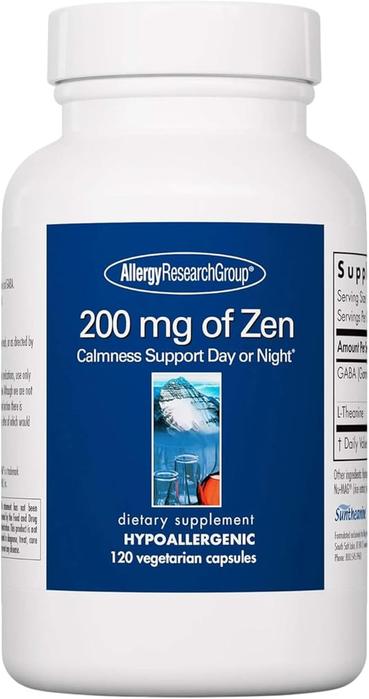 Allergy Research Group 200mg of Zen Supplement - GABA, L-Theanine, Calmness Support, Day or Night, Hypoallergenic, Vegetarian Capsules - 120 Count