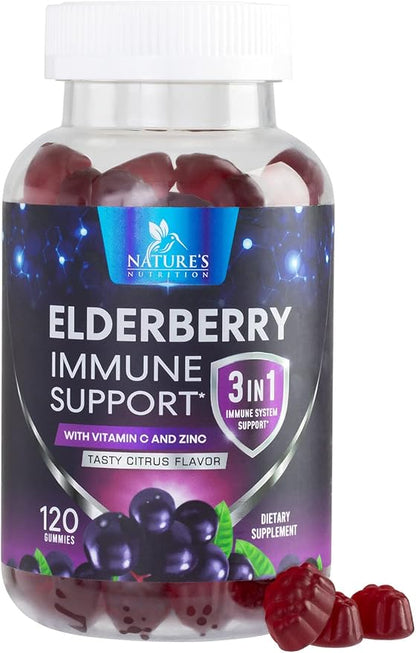 Sambucus Elderberry Immune Gummies, Daily Elderberry Immune Support Vitamins with Vitamin C, Vitamin D3, Zinc, Immune Support Gummy Vitamin Supplement, Black Elder berry for Adult & Kid - 120 Gummies
