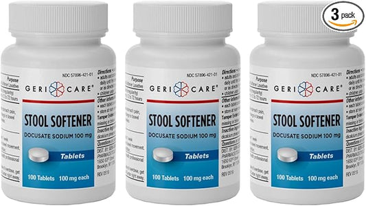 GeriCare Docusate Sodium Stool Softeners, Best Stool Softener for Daily use for Women, Men, and Elderly - Ideal for Constipation Relief 100mg Crushable Tablets. (100 Count) Made in the USA (Pack of 3)