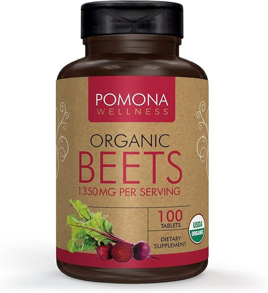 Pomona Wellness Beetroot Supplement Powder 1350mg, Supports Blood Pressure, Heart Health, Circulation, Energy & Athletic Performance, USDA Organic, Non-GMO, Vegan, 100 Tablets