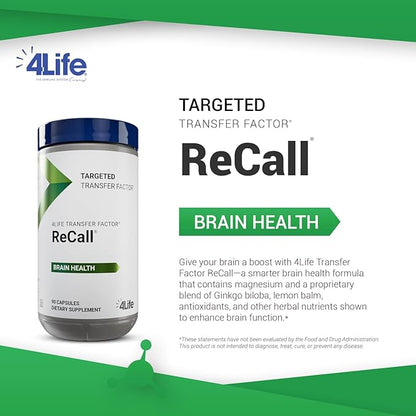 4Life Transfer Factor Recall - Supports Brain Health, Memory and Learning with Ginkgo Biloba, Bacopa Monnieri and Huperzia - 90 Veggie Capsules