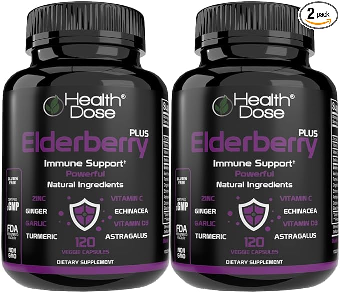 Elderberry Plus Capsules – Immune Support Supplement with Vitamins C, D3, Zinc, Selenium & 11 Ingredients for Year-Round Wellness – 120 Veggie Capsules, 2-Month Supply Pack of 2